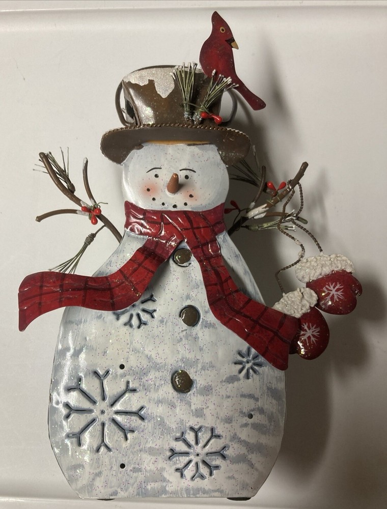 Happy Snowman Lantern Figurine Metal Tea Light Winter Christmas Decor 10” X  7”