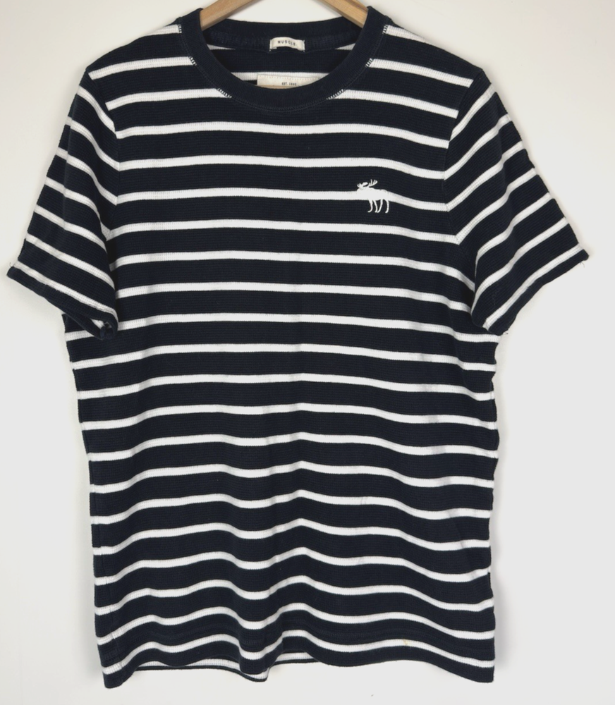 Abercrombie & Fitch Size M VTG Y2K Muscle Shirt Navy Blue White Striped Moose-image