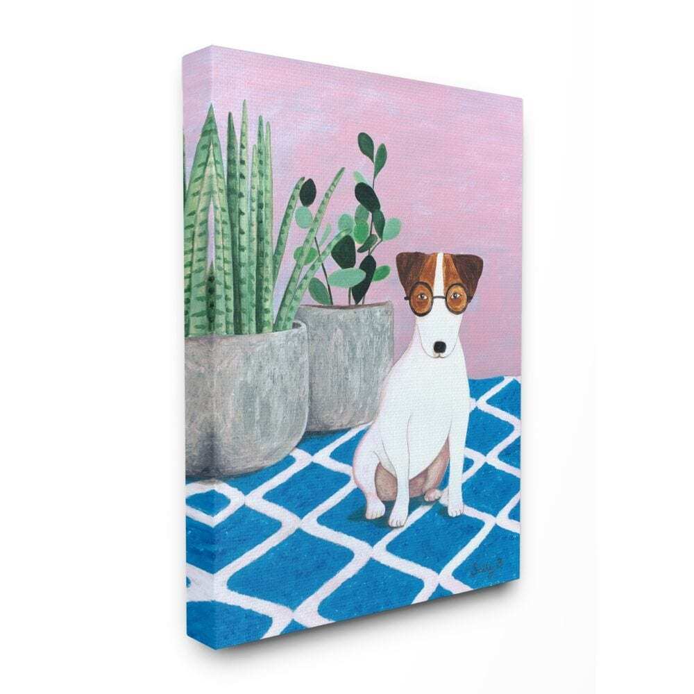 Stupell Dog With Plants Pink Blue Pet Painting Canvas Wall