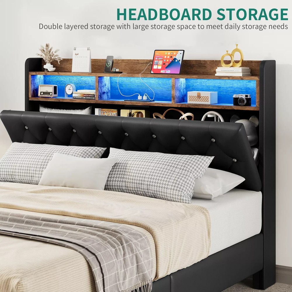 TAUS Floating Bed Frame with Charging Station and Hidden Storage Headboard