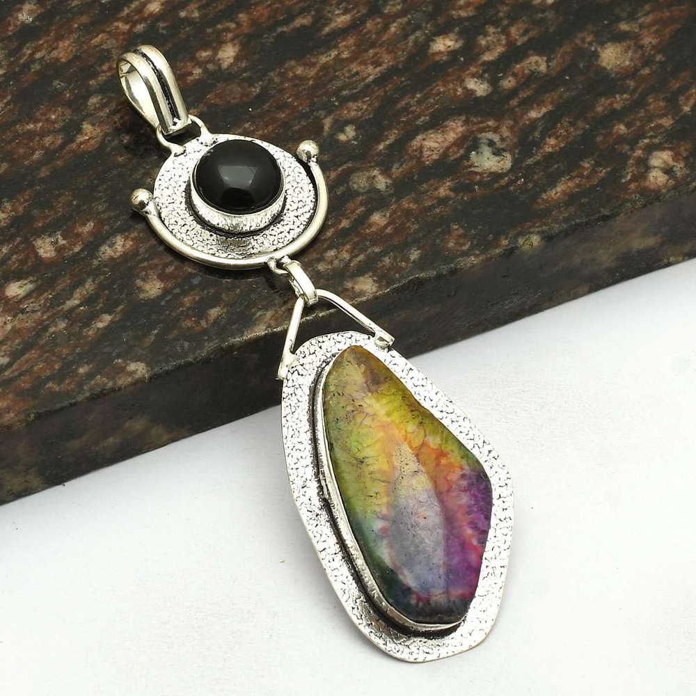 Rainbow Solar Quartz Black Onyx Gemstone Handmade Pendant Jewelry 3.84