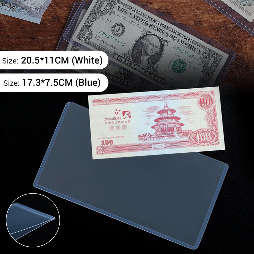 20 Pack Clear + Blue Hard Plastic Money Holder Bill Money Paper Sleeves Display
