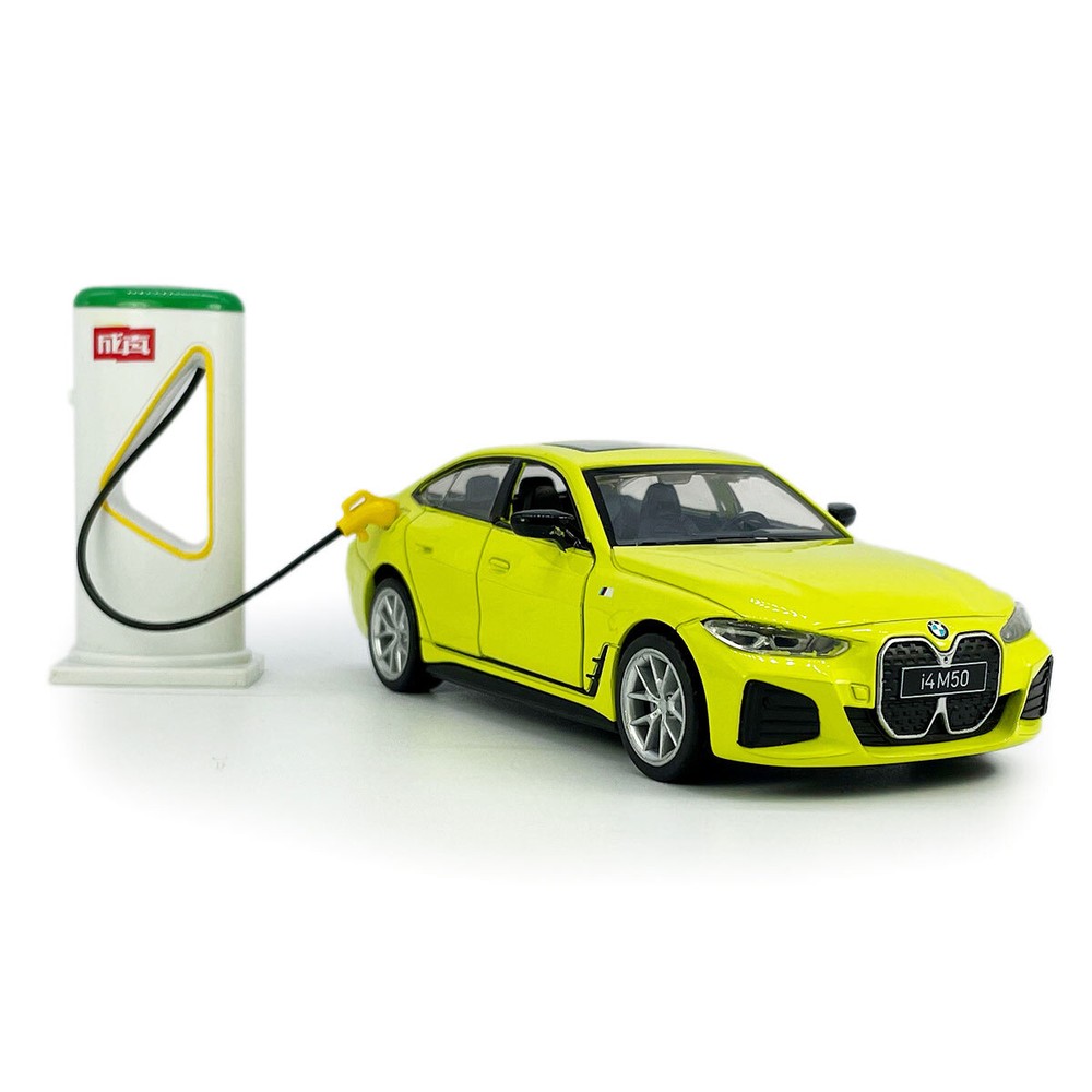 BMW i4 M50 Toy Car 1:34 Diecast Model Vehicle Light Sound Doors Open Kids Yellow