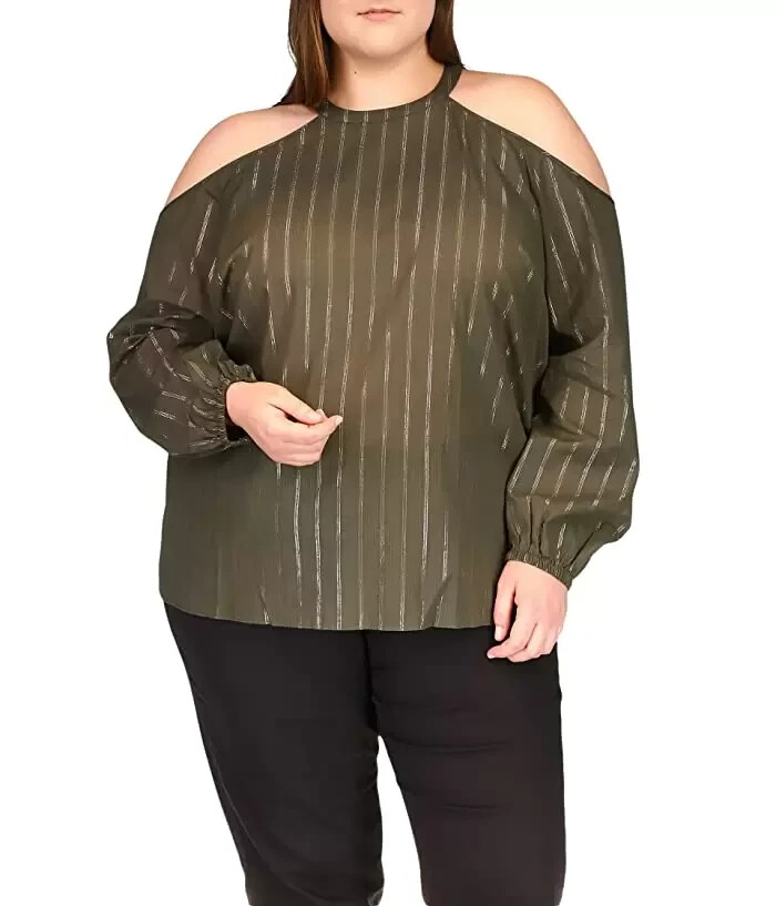 Michael Kors NWT Metallic-Stripe Cold-Shoulder Top Blouse Green Plus Size 2X $88