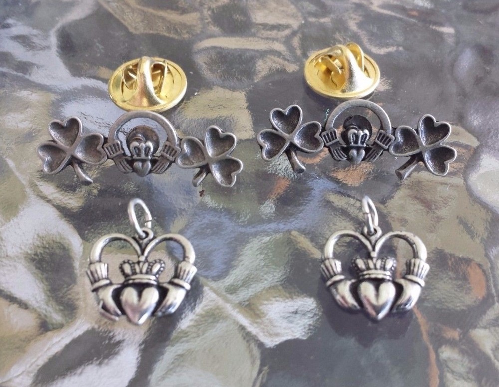 LUCKY IRISH CLOVER 1 HIS & HERS Set CLADDAGH TIE TACK PIN & CHARM Per Set. New