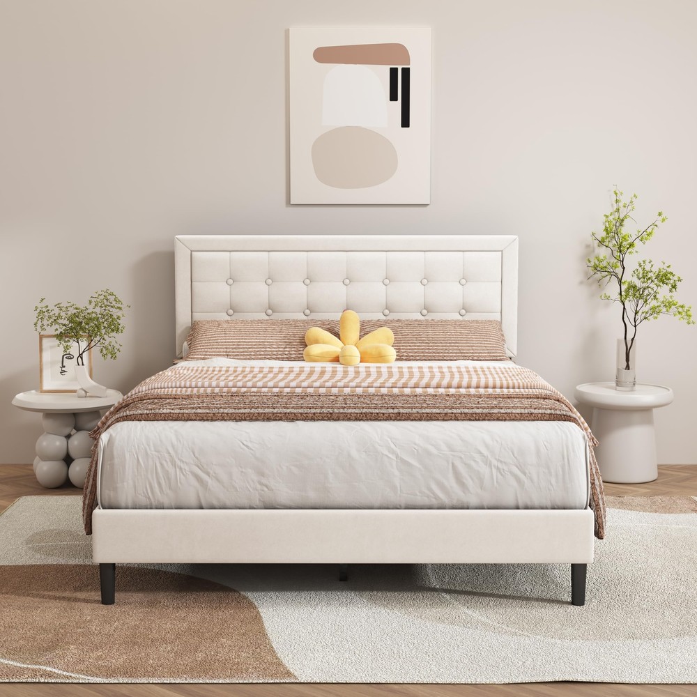 Queen Size Beige Modern Upholstered Platform Bed Frame with Button Tufting He...