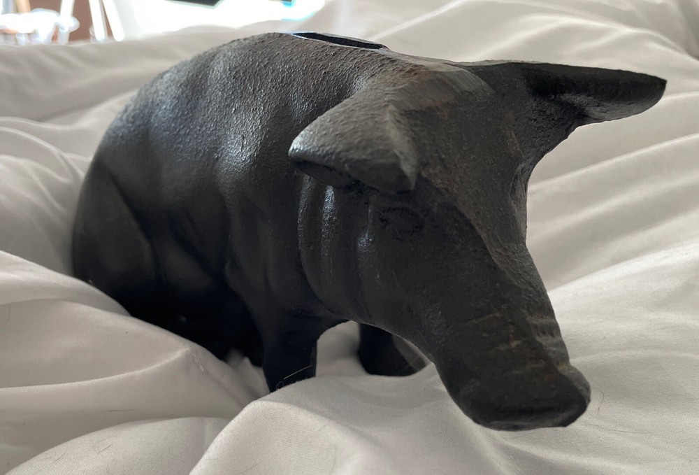 Cast Iron Pig Statue Black Estate Find ~ Piggy Bank Swine Heavy Sitting Vintage