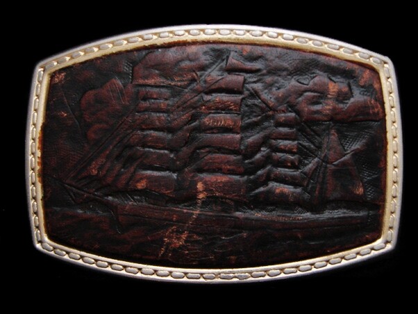 MA11119 VINTAGE 1970s **BARQUE SAILING VESSAL** SHIP WITH SAILS LEATHER BUCKLE