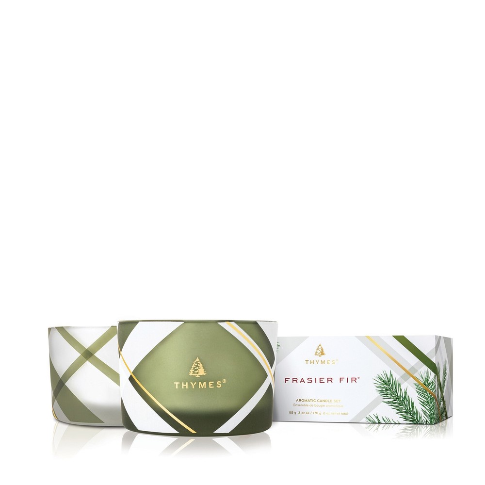 Thymes Frosted Plaid Frasier Fir Candle Set – Scented Candle Set with Notes o...