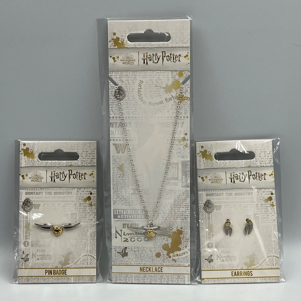 Harry Potter Golden Snitch Necklace Earrings Pin Set