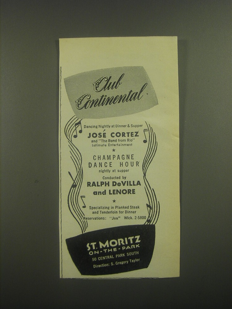1946 St. Moritz On-The-Park Ad - Club Continental dancing nightly at dinner-image