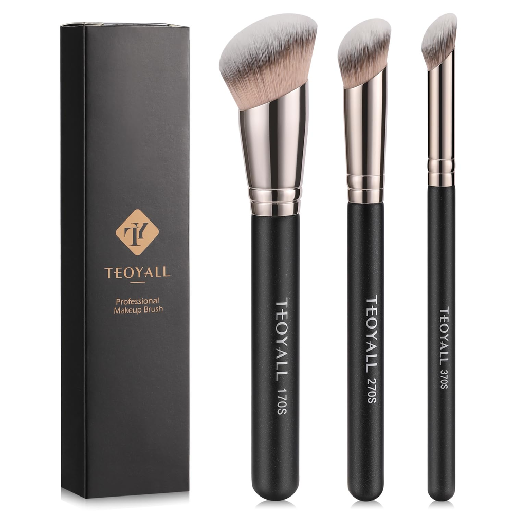 Foundation Contour Conceal Brush Set, 3PCS Angled Synthetic Kabuki Brush for Ble