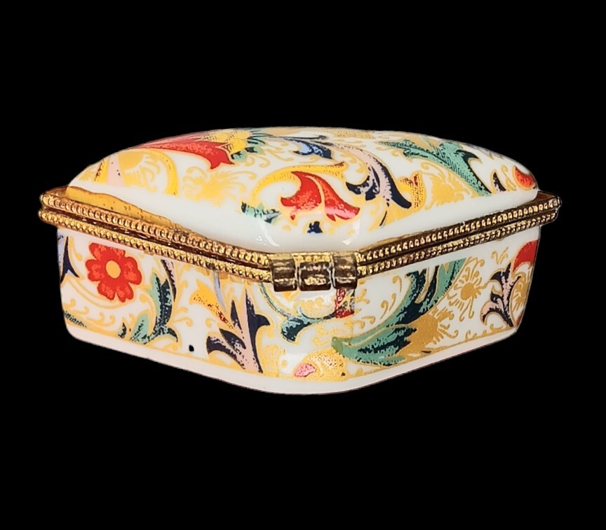 Pill Box Trinket Box Porcelain Floral Paisley Hinged Ceramic Red Yellow Gold