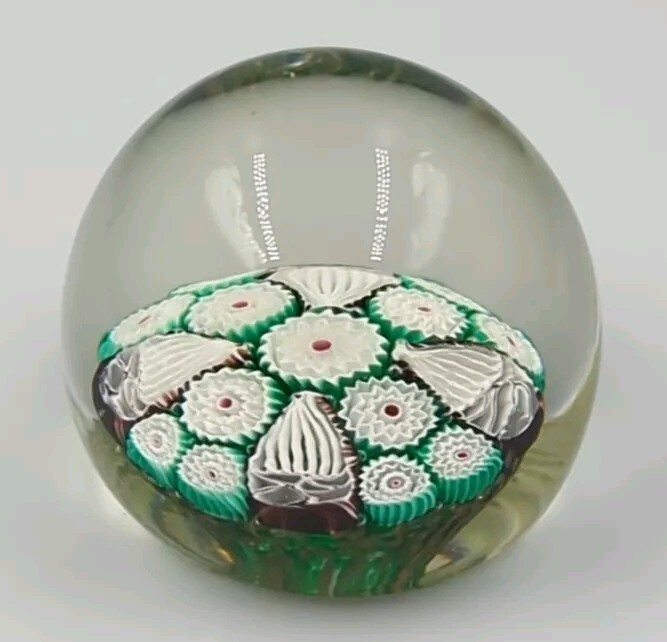 Vintage Green And Purple Millefiori Art Glass Paperweight