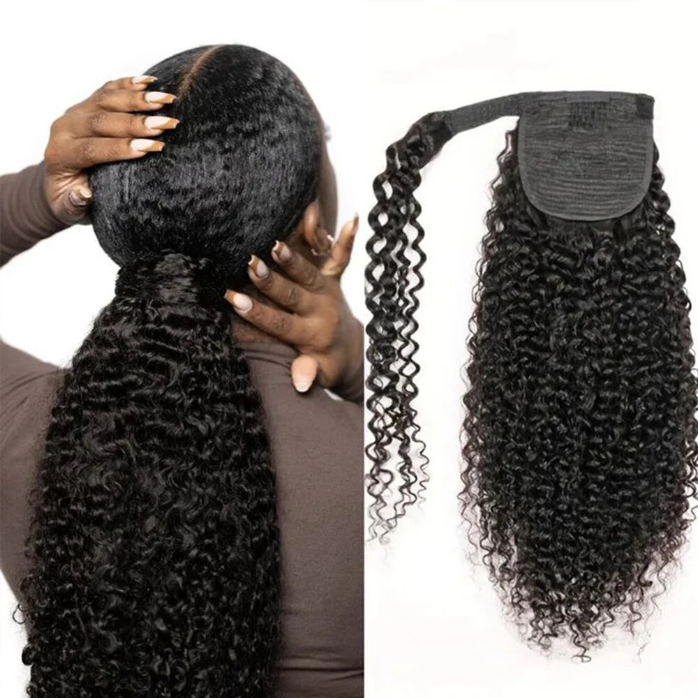 Kinky Curly Human Hair Extensions Wrap Around Body Wave Ponytail With Clip Remy