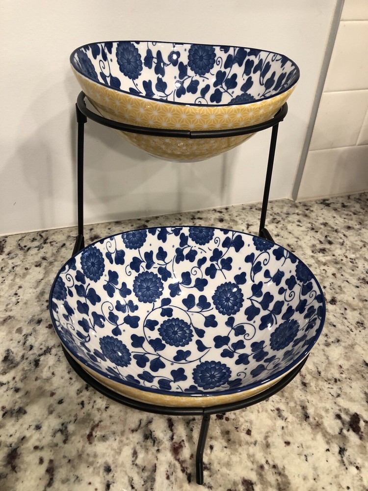 Certified International Blue and Yellow Serving Bowl Set with Stand New Without Box