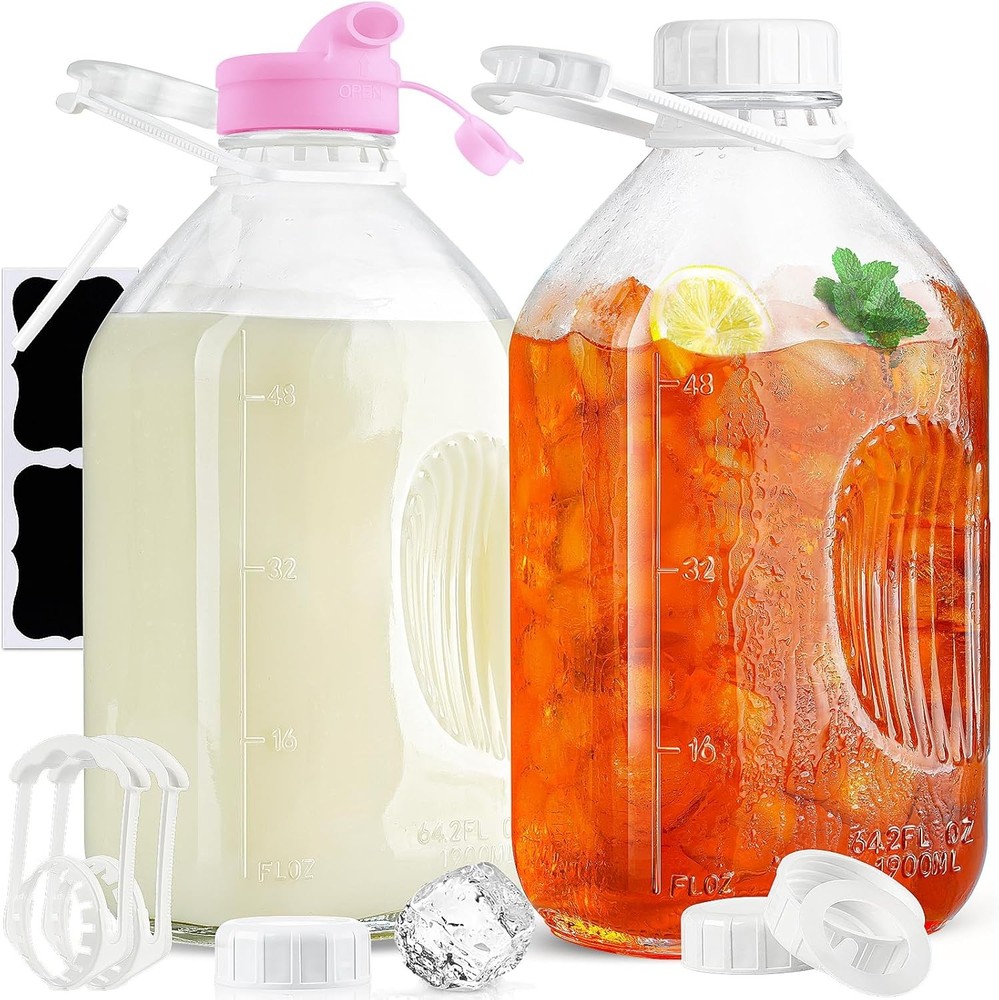 1/2 Gallon Heavy Duty Glass Milk Bottle with Reusable Airtight Screw Lid - 2 Pack