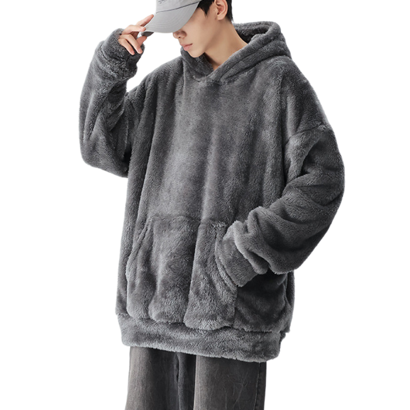 Furry Fleeced Hooded Coat Men's Winter Vintage Lazy Loose Couple Casual Hoodie