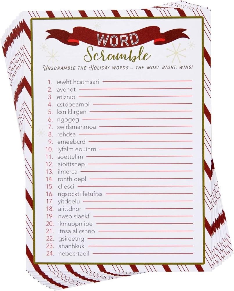 50 Sheets Christmas Word Scramble Game, Holiday Party Activity for Family, Fun F