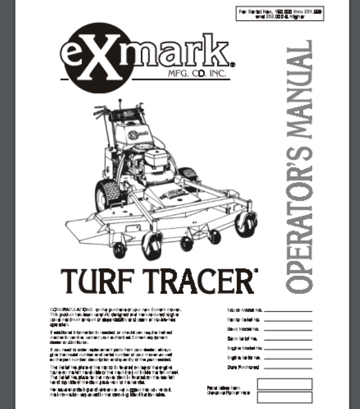 Exmark Turf Tracer Mower Operators Manual 48 PAGES  160,000 - 251,999 , 252,000