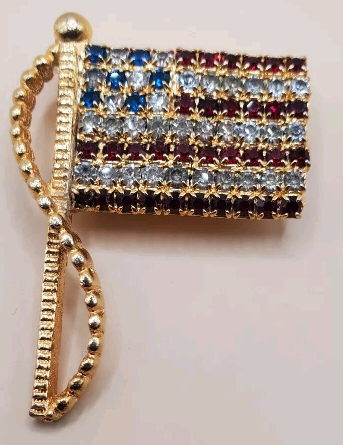 Vintage Rafaelian Rhinestone Flag Red White And Blue Pin Brooch