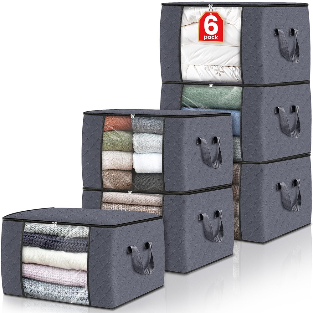 6 Pack Foldable Thick Fabric Blanket Storage Bags for Clothes