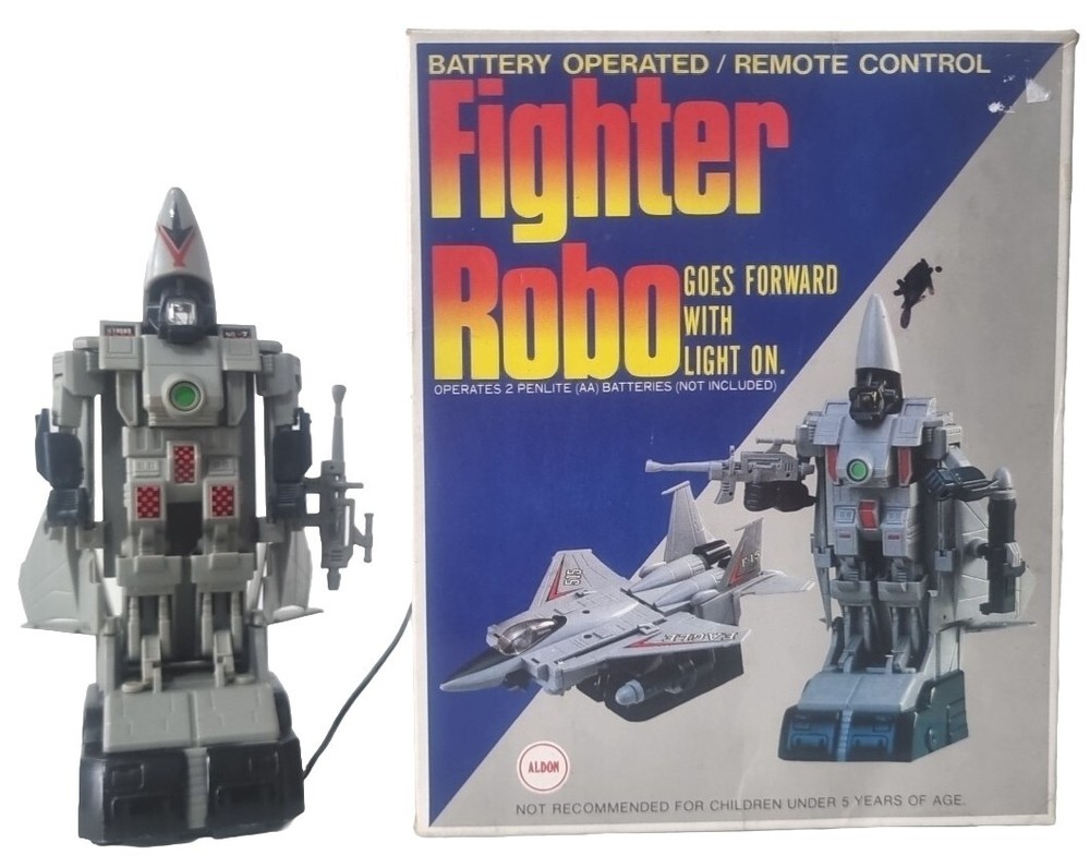 VINTAGE ALDON BATTERY OPERATED ROBO FIGHTER JET TRANSFORMER TOY + REMOTE CONTROL