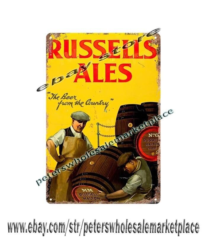 Russels Ales Beer Bar Metal Tin Sign for Diner Bedroom Dorm Decor