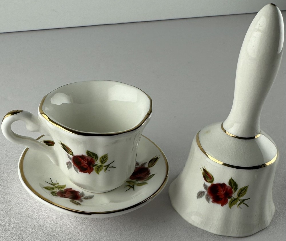 Vintage Bone China England Bell, Cup & Saucer Floral Design White W/ Red Flower