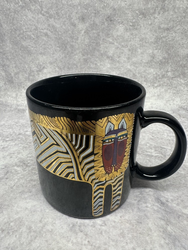 Vintage Laurel Burch Art Coffee Mug, Black with Gold Lion, 12 oz.