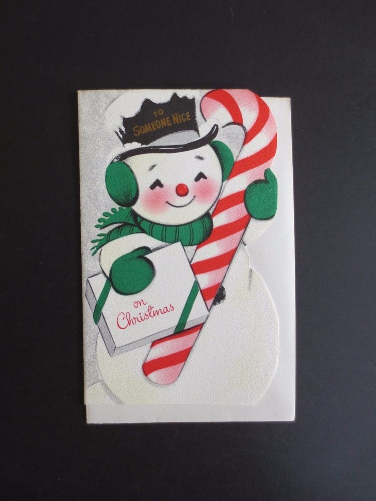 #K754- Vintage Unused Xmas Greeting Card Die Cut Snowman Holding Candy Cane