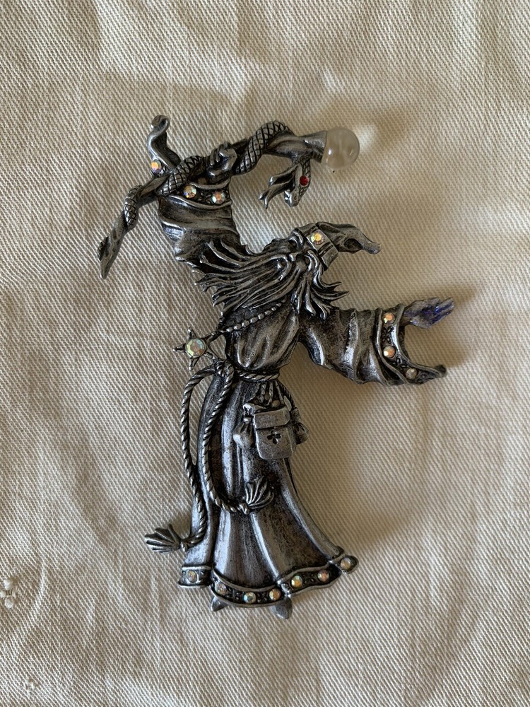 Vintage JJ Jonette Brooch Pin Pewter Wizard Sorcerer Merlin Staff Jewels