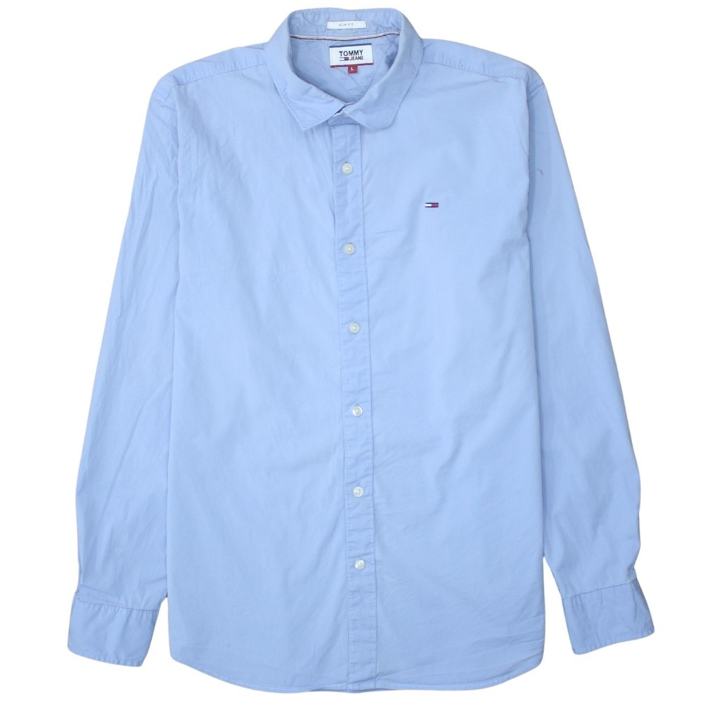 Tommy Jeans Womens Shirt Light Blue Cotton Embroidered Flag Logo Button Up L