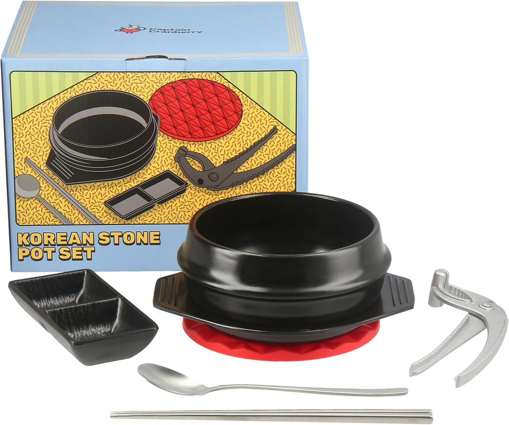 Korean Stone Pot Set (7-Piece, 38.7Oz with Hot Pot Grip), Ceramic Pots for Cooki