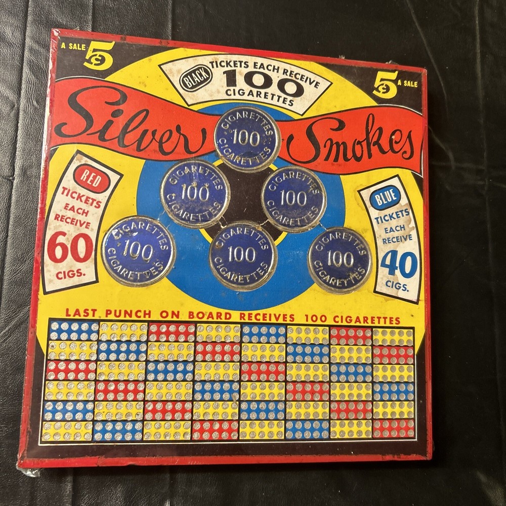 Not Used Old Silver Smokes Cigarette Gas Station Punch Board w Wood Frame.