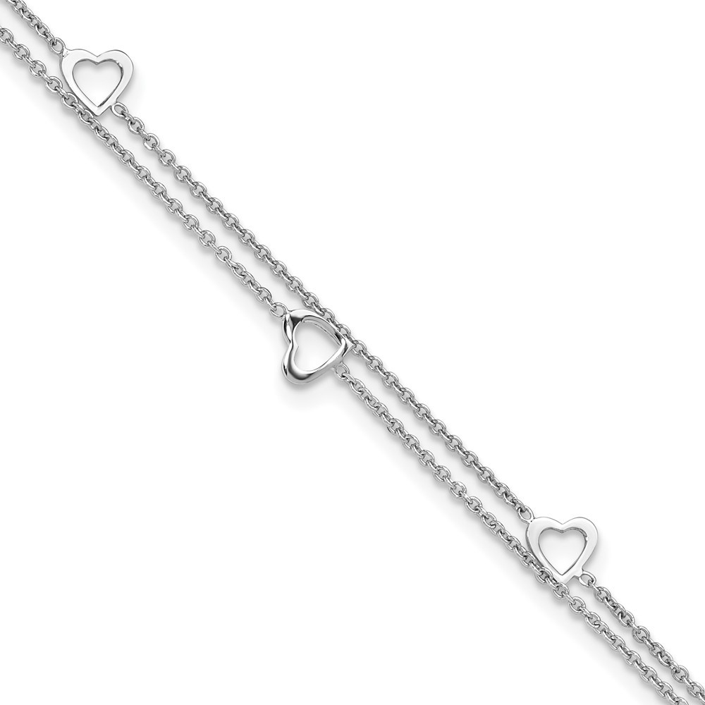 925 Sterling Silver Rhodium-plated 2-Strand Heart Anklet 9