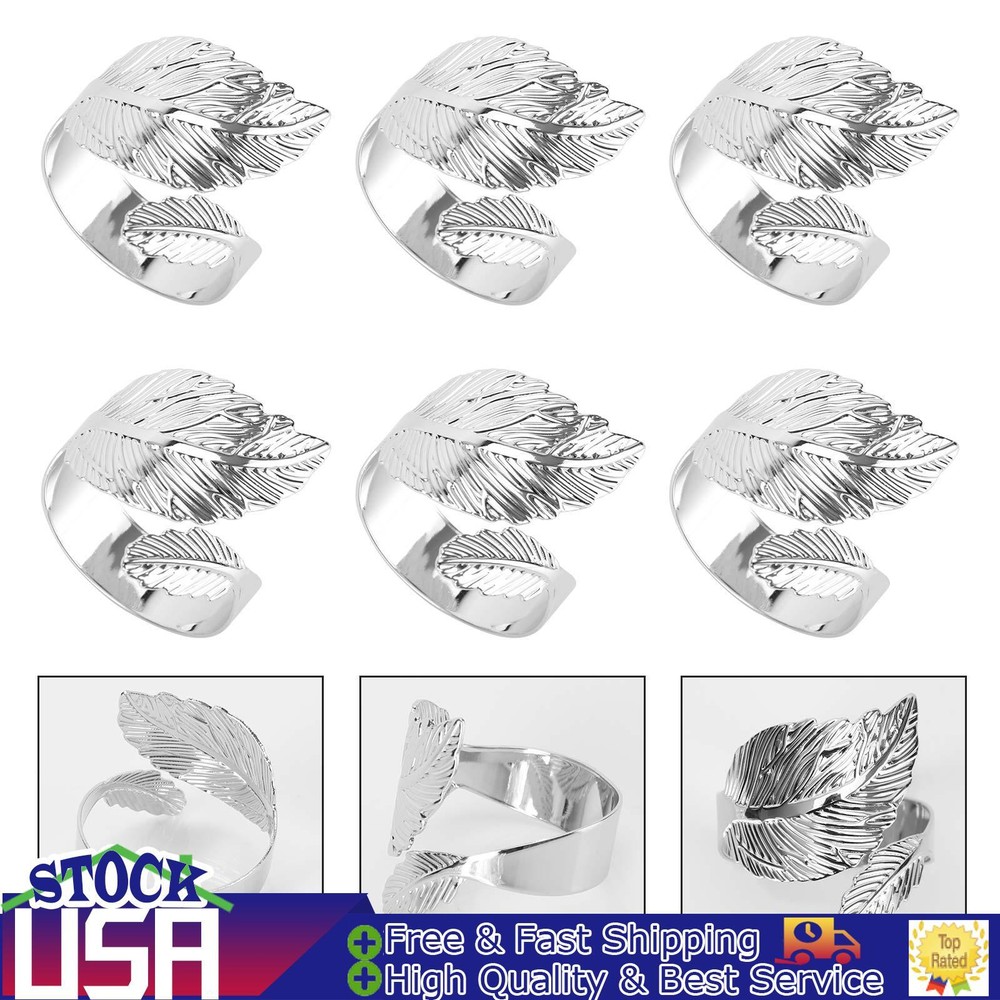 6PCS Silver Napkin Rings Leaf Napkin Holder Adornmen Alloy