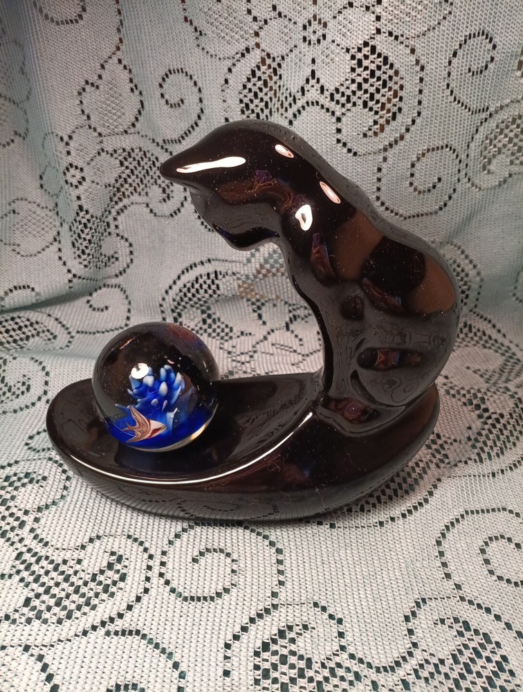 Vintage Vandor Ceramic Black Cat Fish Bowl Holder with Glass Fish Paperweight