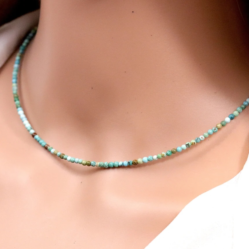 AA Grade 2mm Turquoise Beaded Chakra Healing Dainty Crystal Necklace Gift for Women-image