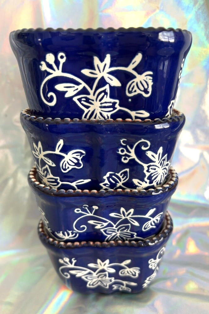 Temp-tations Old World Floral Lace Dark Blue Set 4 Ramekin Bowls Oven Safe EUC