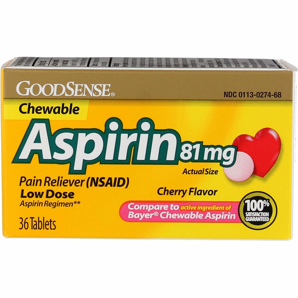 2 Pack GoodSense Aspirin Pain Reliever Chewable Tablets, Cherry, 81 mg, 36 Ct