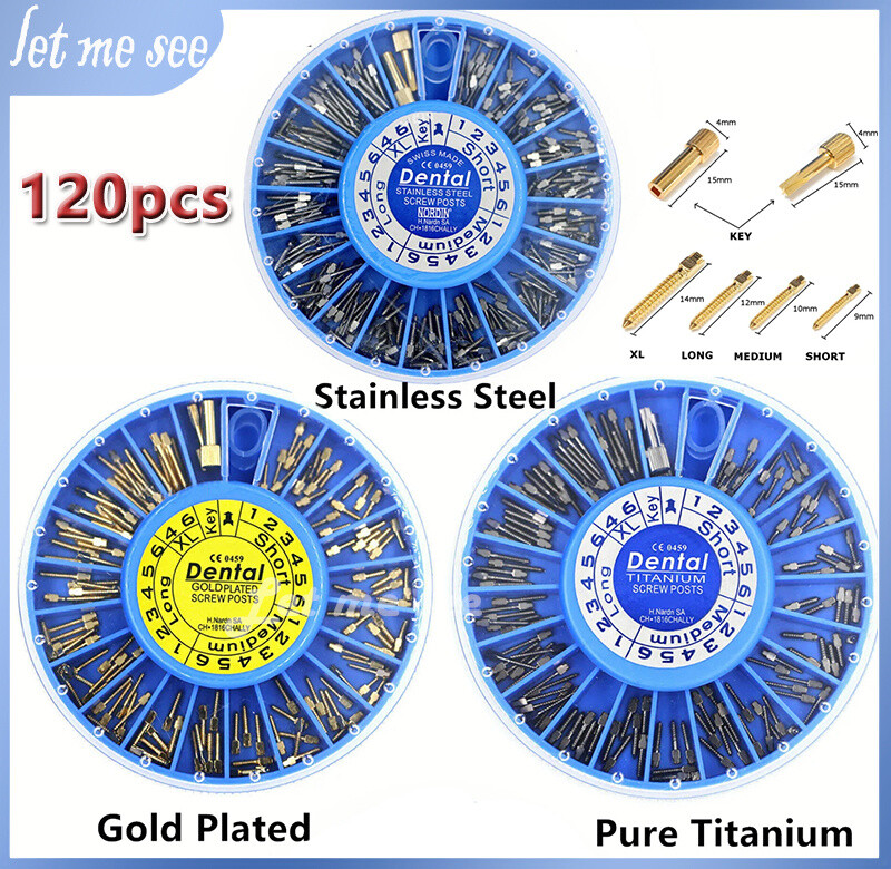 120 Screw Post Dental Titanium/Stainless/Gold Plated Conical Root Canal Pins+Key