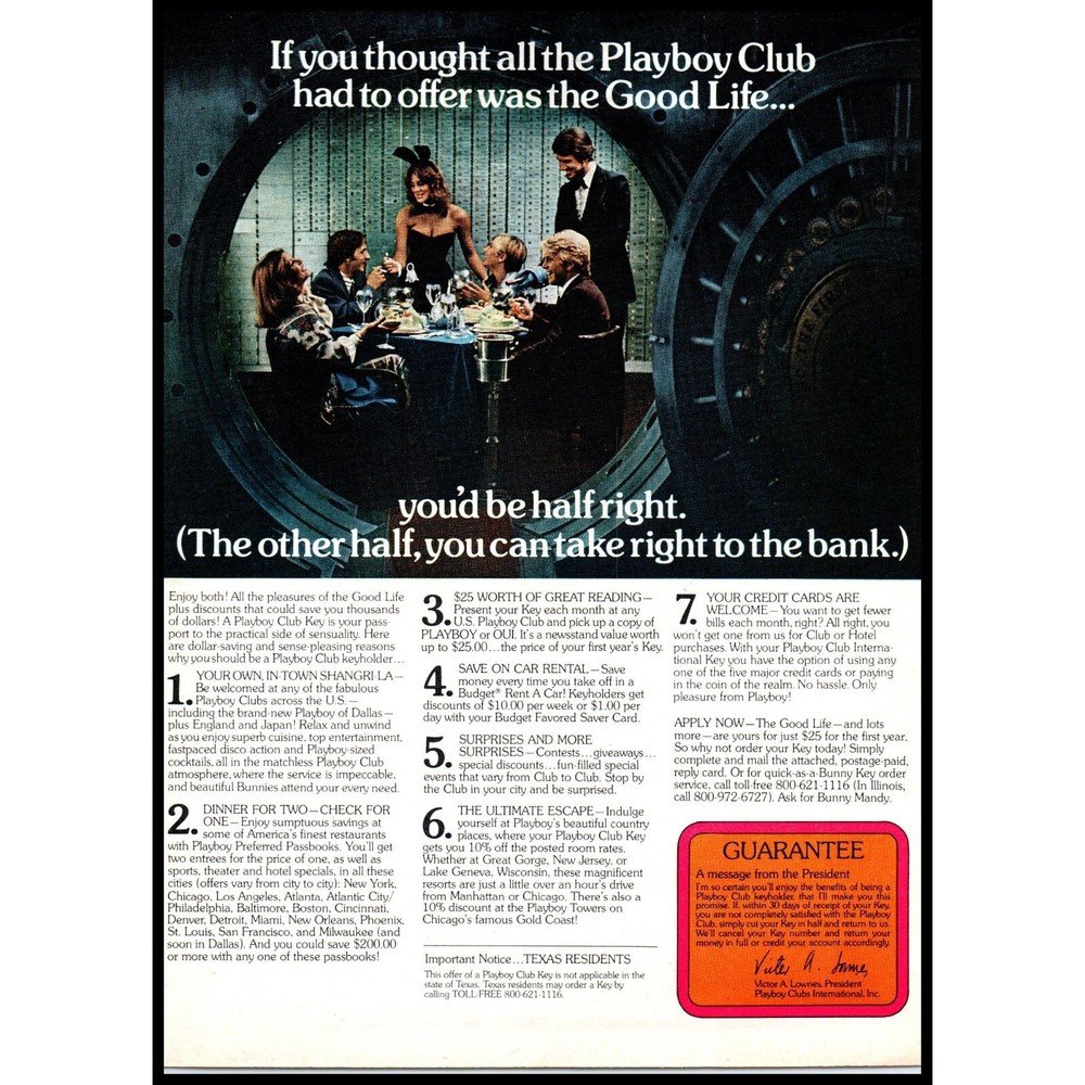 1978 Playboy Club Key Membership Vintage Print Ad Bunny Bank Vault Wall Art-image