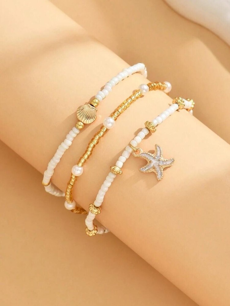 3pcs/Set Women Simple White Rice Bead/Faux Pearl Beaded Anklet