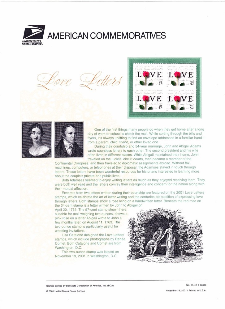 USPS Commemorative Panel 644 #3551 Love Letters John & Abigail Adams Rose Blk/4-image