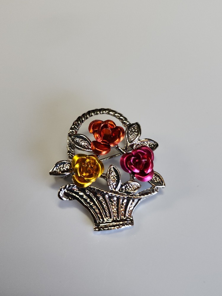 Flower Basket Lapel Pin Yellow Orange & Pink Roses Silver Color Metal