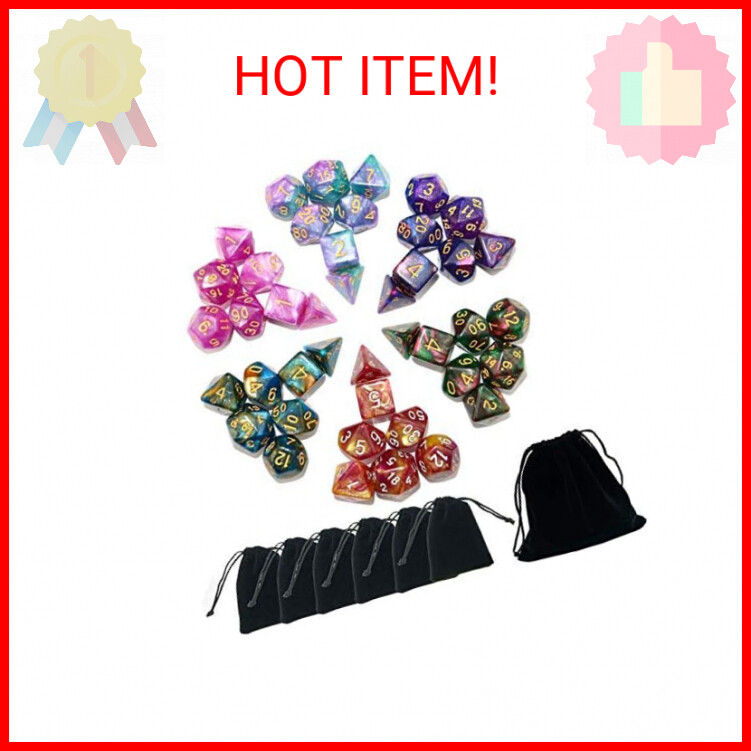 SmartDealsPro 6 x 7 Sets (42 pcs) Glitter Polyhedral Dice Sets with Pouches for