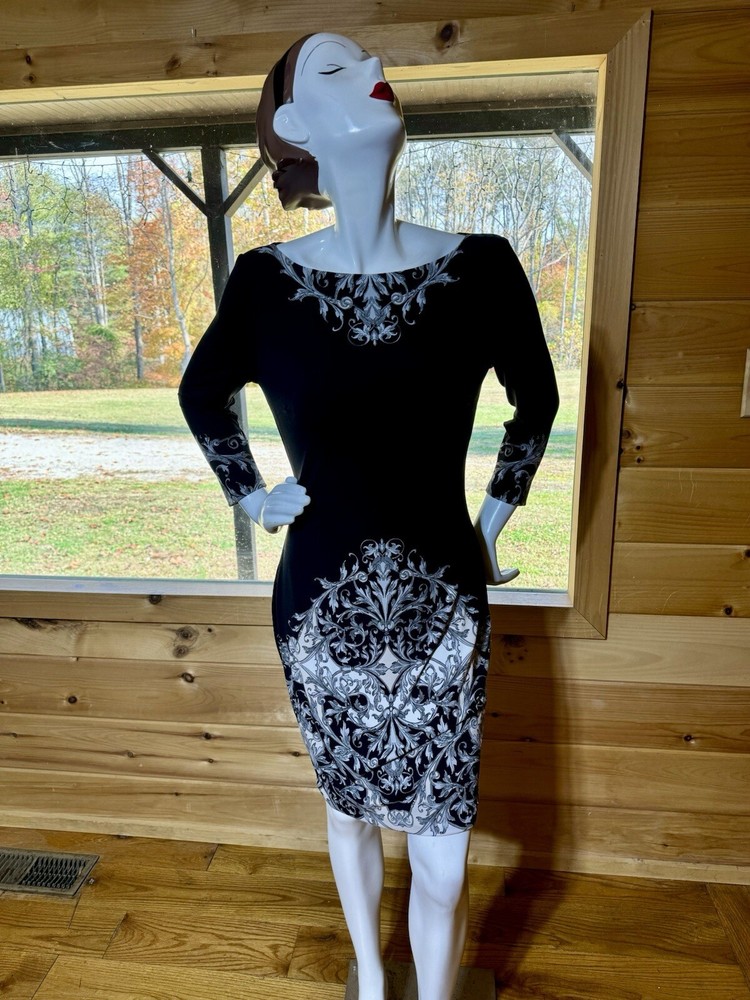 CACHE Black and  White Filigree Print  Fitted Dress Sz Medium