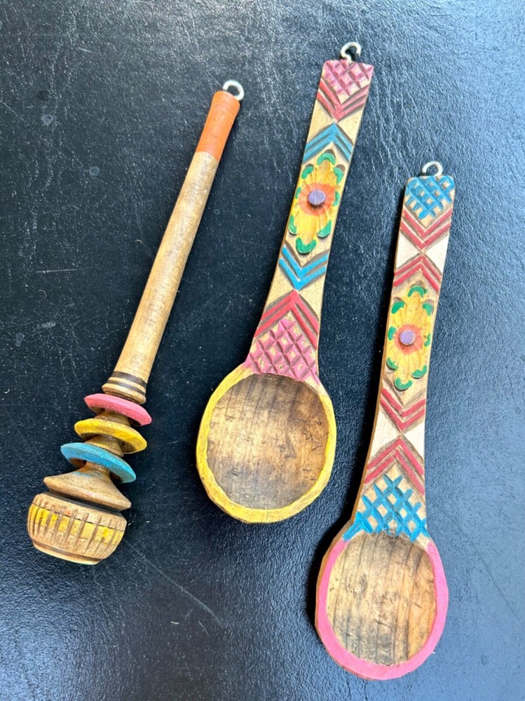 Vintage Hand Painted Mexican Folk Art Wooden Spoons Chocolate Whisk Spoon Set 3