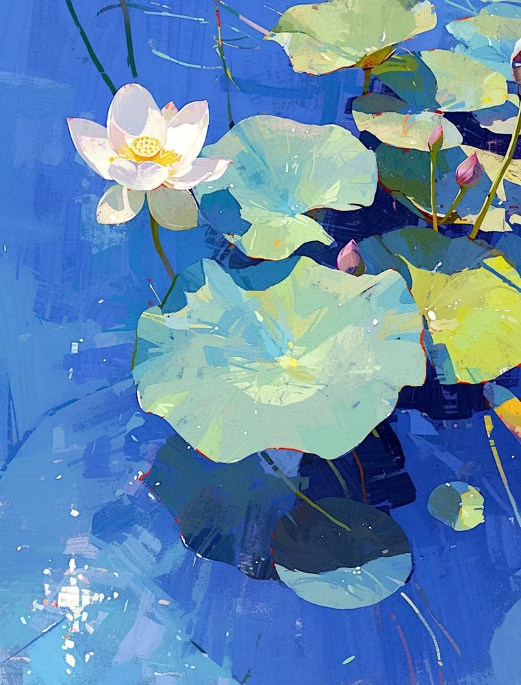 Pink Lotus Blue Oil Painting, Flowers Unframed Canvas Print Australian Wall Art